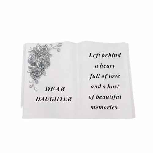 David Fischhoff Dear Daughter Graveside Memorial White Resin Book with 3D Silver Roses