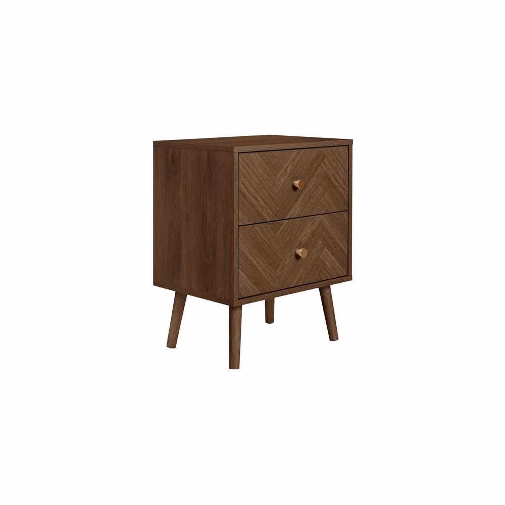 Birlea Herringford 2 Drawer Bedside Table in Brown Walnut with Geometric Chevron Parquet Design – 3