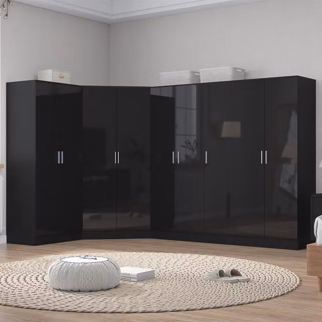 Reflect 4pc Wardrobe Bundle in Black Gloss and Black Oak Finish, H 180 cm x W 367 cm x D 103 cm