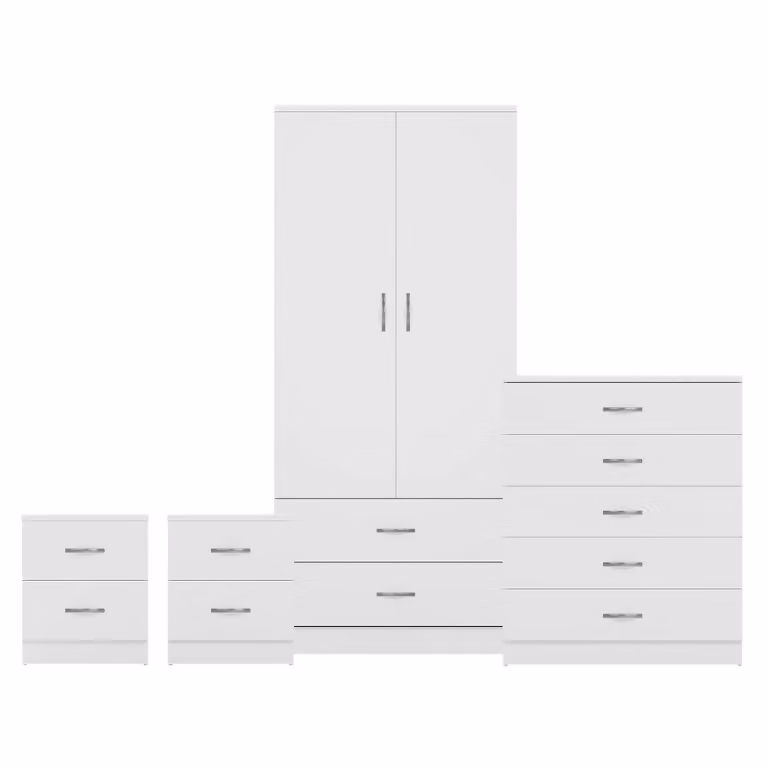 Vida Designs Riano 4-Piece Modern White Bedroom Set including Wardrobe, Chest of Drawers and Nightstands