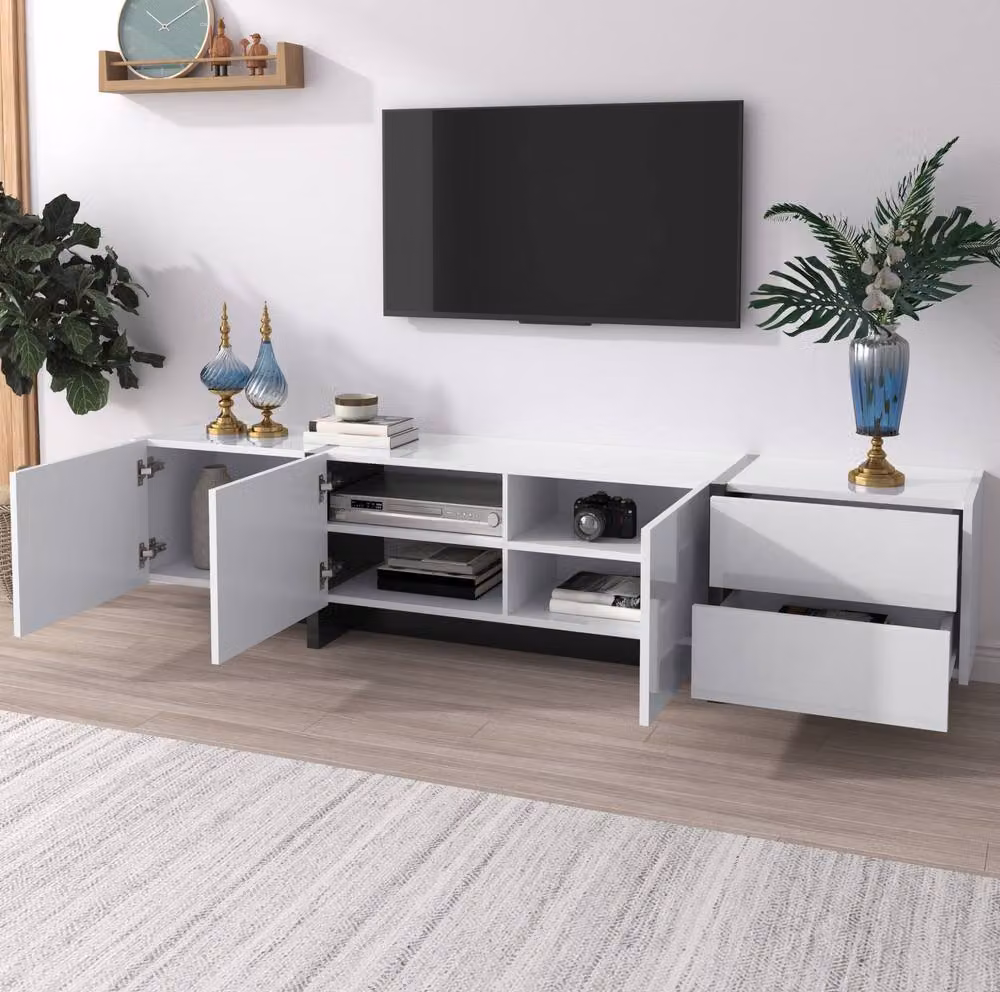 STILVORA Modern Glossy TV Unit with 3 Doors and 2 Drawers in White and Black, W: 190 cm, D: 45 cm, H: 45 cm – 4