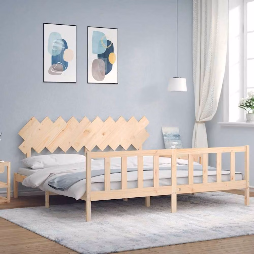 Berkfield Home Beautiful Solid Wood Bed Frame with Headboard in Beige, W/D/H: 200 x 200 x 80.5 cm – 2