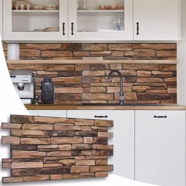 NOVECRAFTO 3D PVC Wall Panels with Beige and Brown Stone Effect, W: 96 cm, H: 48 cm