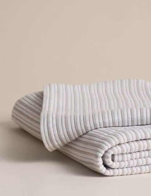M&S Cotton Rich Striped Matelassé Bedspread in Beige