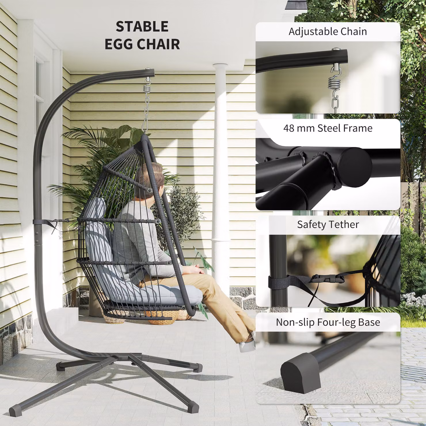 Outsunny Rattan Hanging Egg Chair with Stand and Cushion in Dark Grey – 5