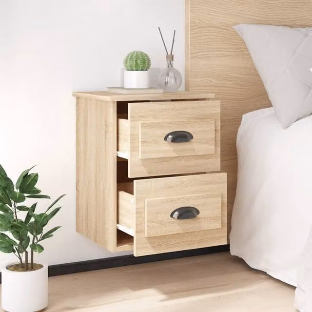 Berkfield Home Elegant Wall-mounted Bedside Cabinet in Sonoma Oak and Light Tan, W/D/H: 41.5 x 36 x 53 cm – 1