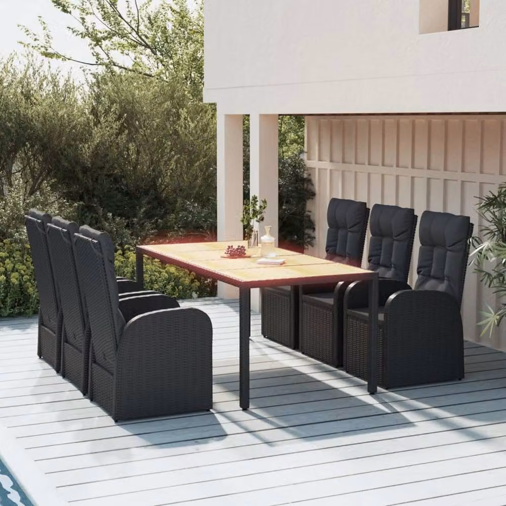 Berkfield Home 7 Piece Modern Garden Dining Set in Black Poly Rattan and Solid Acacia Wood – 2