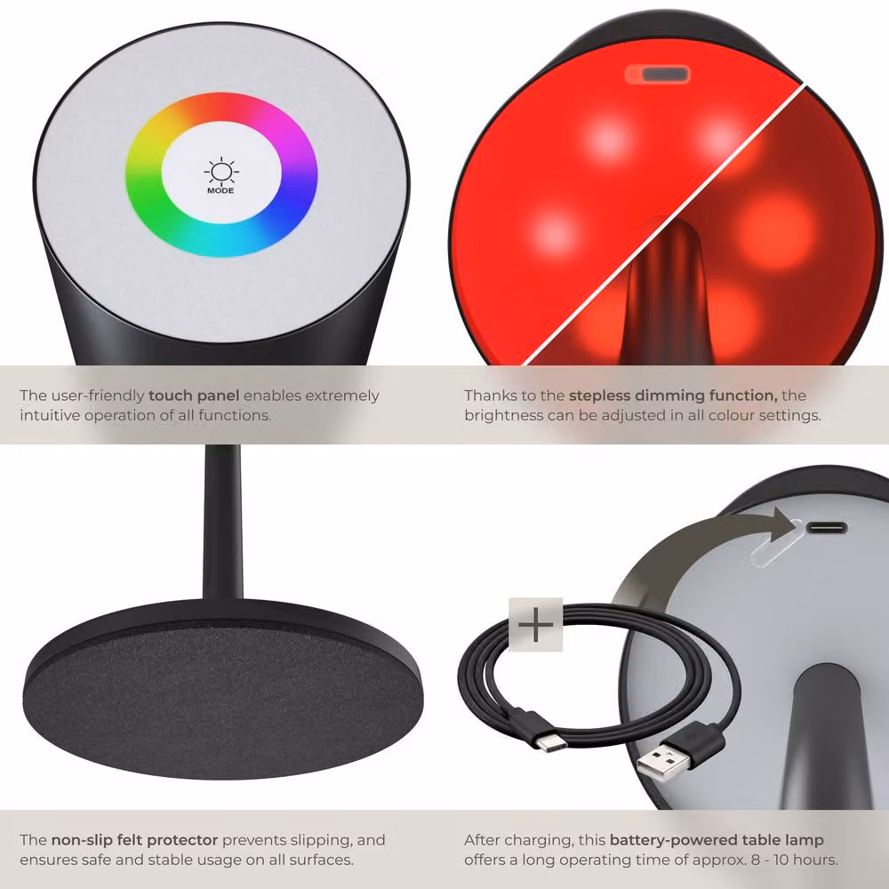 tectake Modern Rechargeable LED Table Lamp with Dimming Function and RGB Colour Options in Black Metal – 4