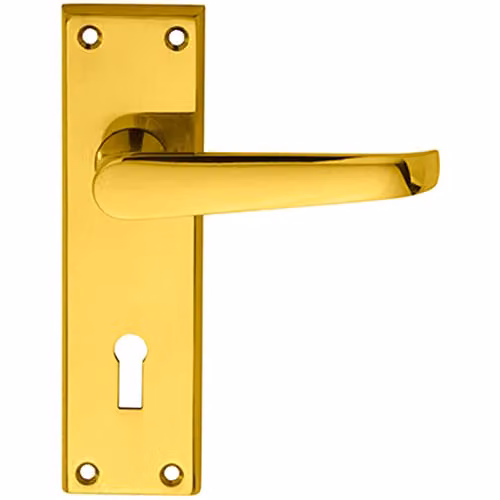 Loops Pair of Straight Victorian Lever Handles on Lock Backplate in Polished Brass, W: 150 mm, H: 43 mm