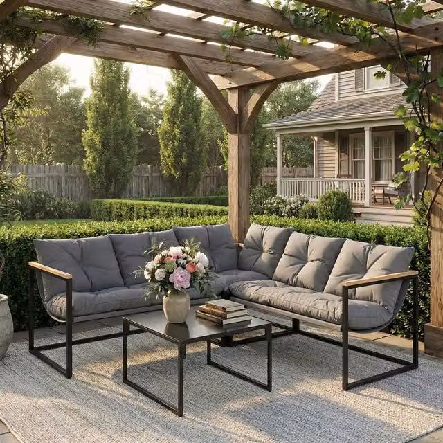 Outsunny 4 Piece Modern Garden Furniture Set with Cushions and Coffee Table, Grey