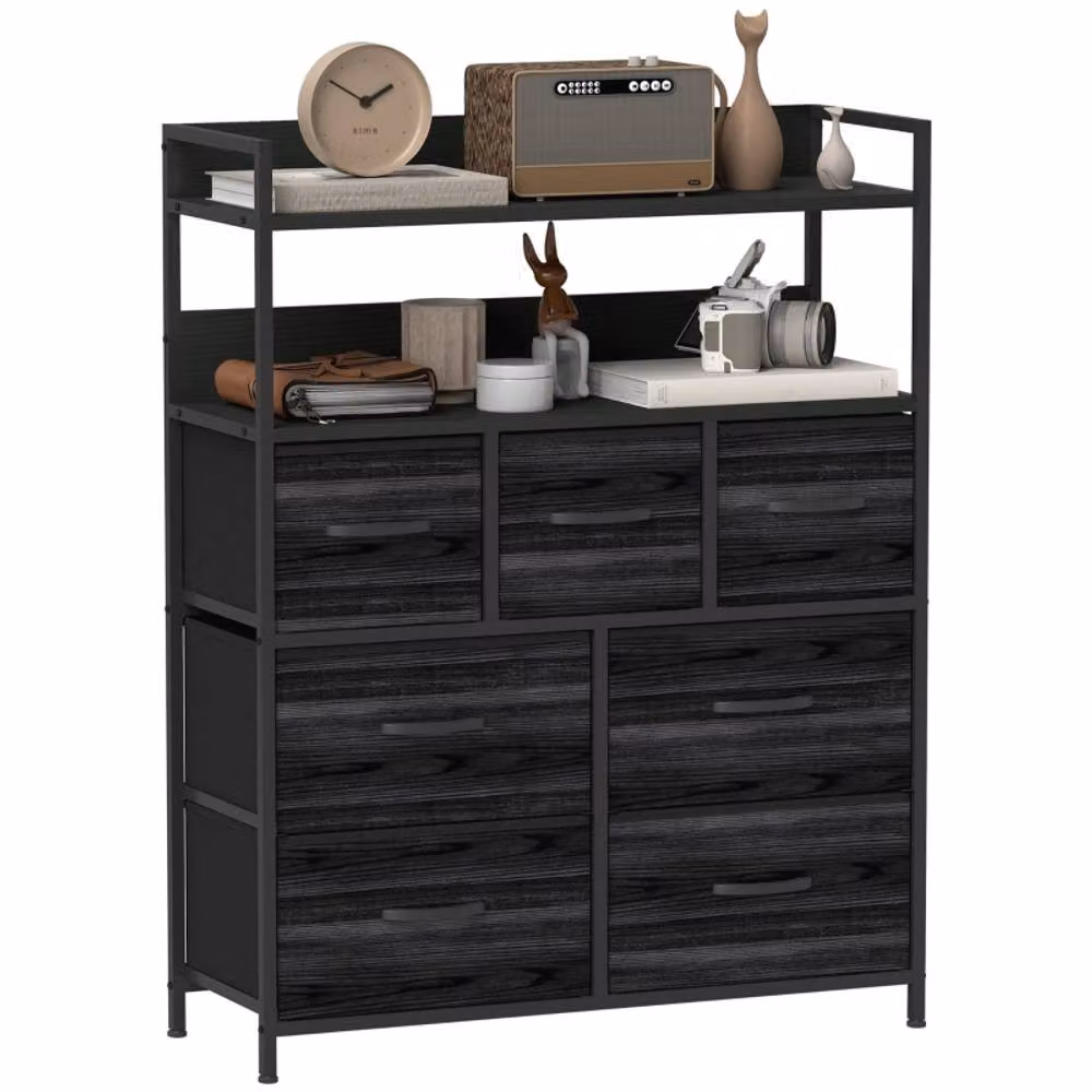 STILVORA Industrial Freestanding Chest of 7 Drawers with Shelves in Black Fabric and Metal – 3