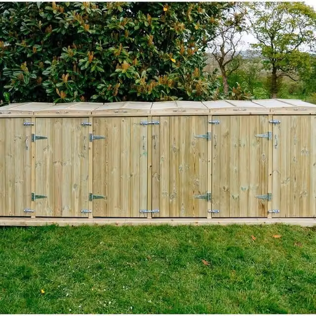 Buttercup Farm Shireburn Sextet Wheelie Bin Store in Brown, fits 3x 180L or 240L and 3x 140L bins, W/D/H: 388.5 x 156.0 x 120.0 cm – 1