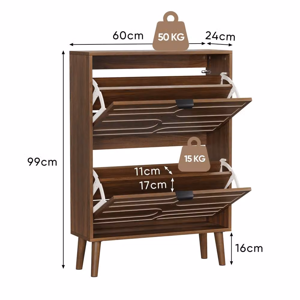 Merax Walnut Shoe Storage Cabinet in Brown with Tilting Compartments and Open Shelf – 2