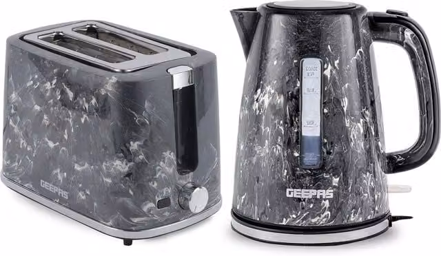Geepas Skye Collection 1.7L Kettle and 2 Slice Bread Toaster Combo Set in Black Stainless Steel