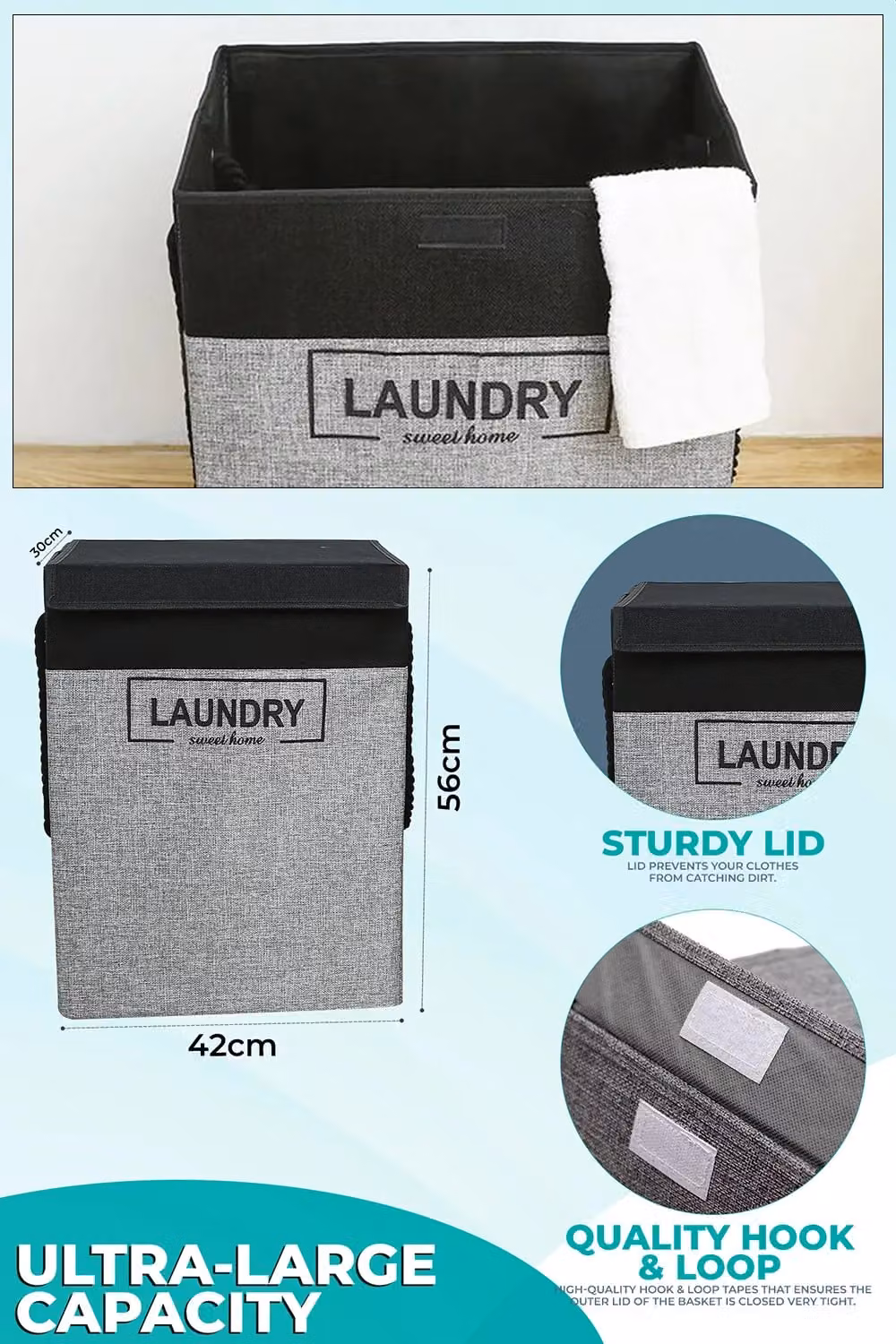 Neel Blue Collapsible Grey Fabric Laundry Basket with Flip Lid and Handles, 70L – 2