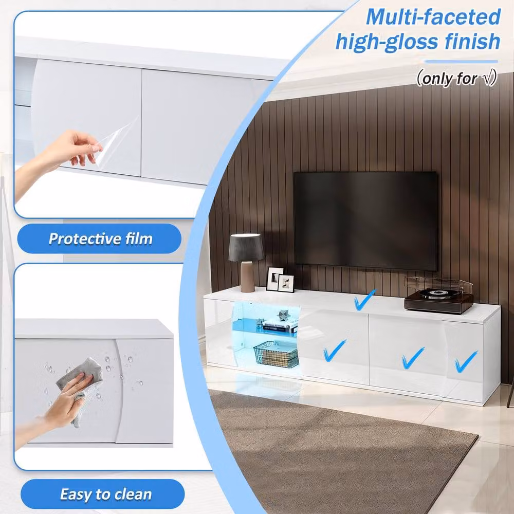 BTM Modern White Glossy TV Cabinet Lowboard with LED and Glass Doors, W/D/H: 180 x 40 x 45 cm – 5