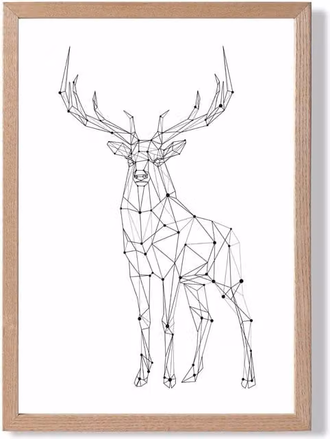 ARTZE Line Art Stag Geometric Animal Framed Print in Black and White with Oak Frame, Size: A3
