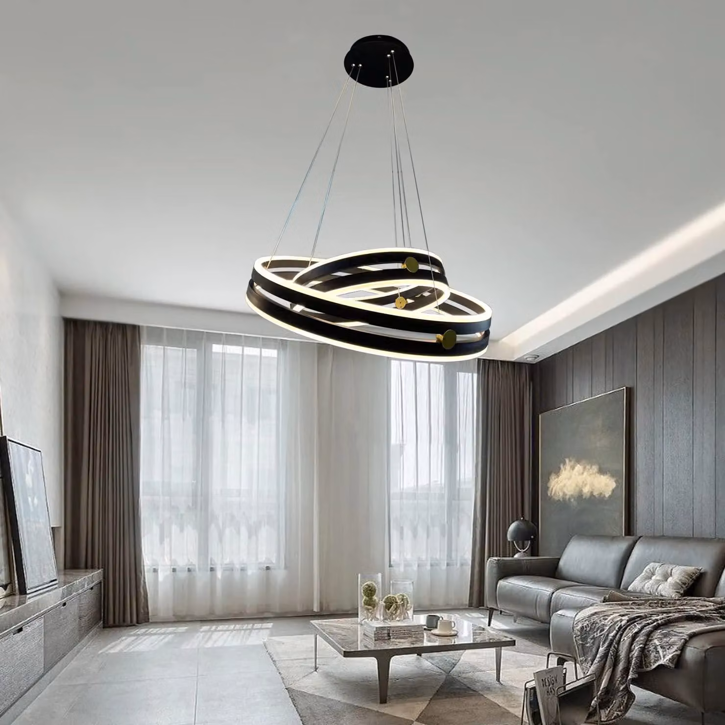 Garwarm 64W Black Acrylic 2-Ring Dimmable LED Chandelier with Remote Control – 2