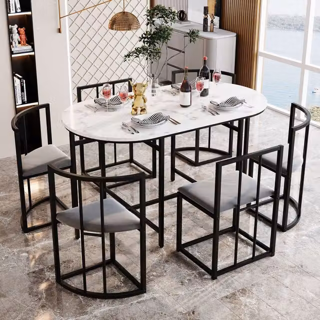 Aosom UK Modern Dining Table and 6 Chairs Set with Marble Pattern and Gold Iron Frame, Black, W: 140 cm, D: 80 cm, H: 76 cm