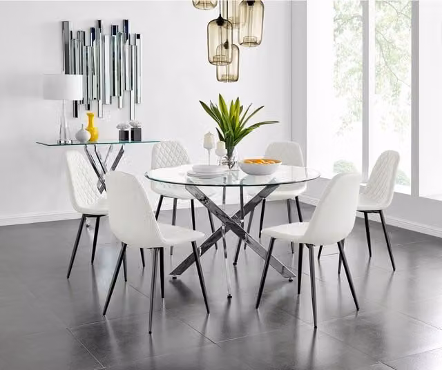 FurnitureboxUK Novara Round White Glass Dining Table with Six Corona Black Faux Leather Chairs, Diameter: 120 cm