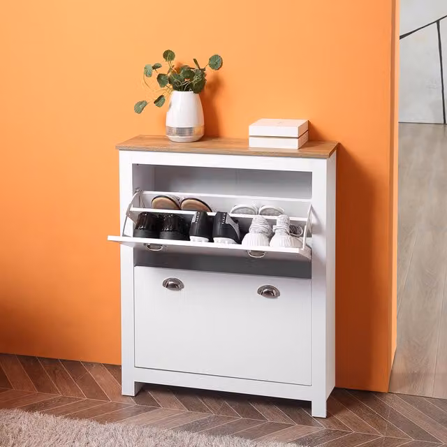 HOMCOM Modern White Freestanding Shoe Cabinet with Tilting Compartments and Internal Shelves