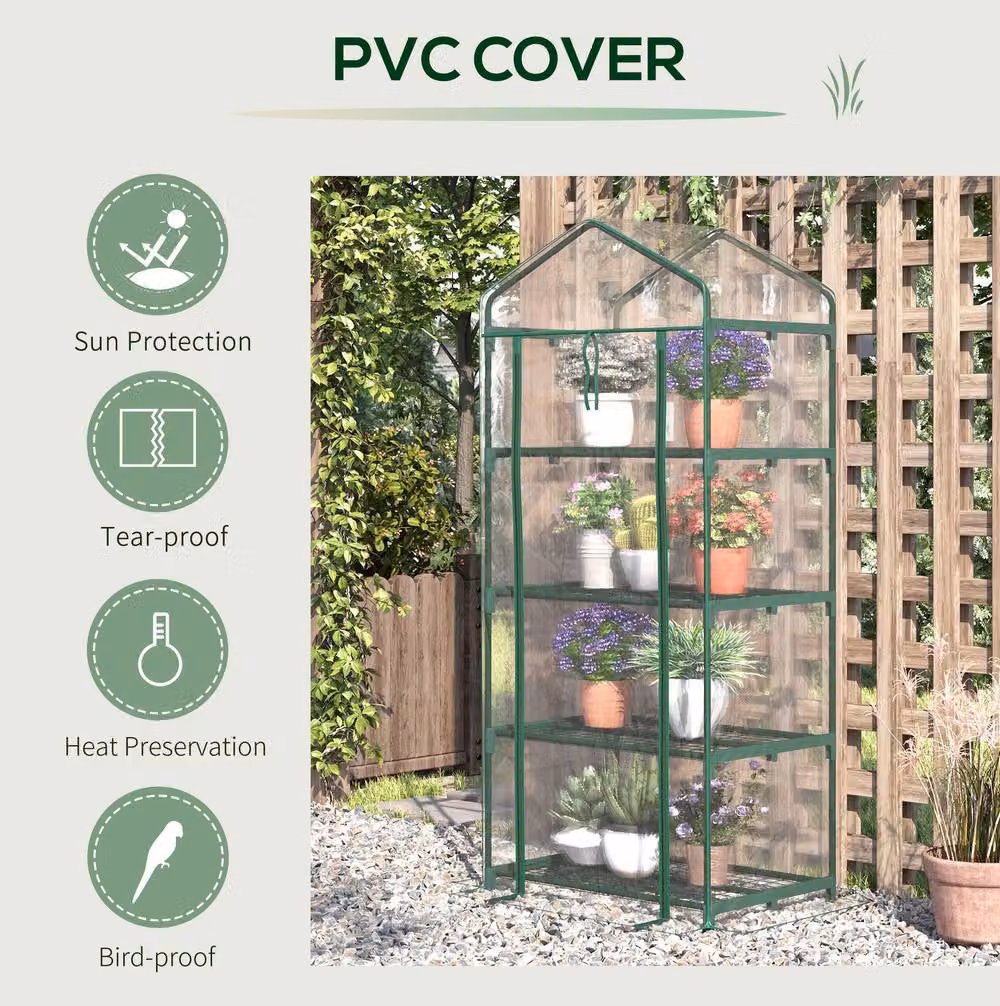 STILVORA 4 Tier Portable Greenhouse with Green Steel Frame, H 160 x W 70 x D 50 cm – 4