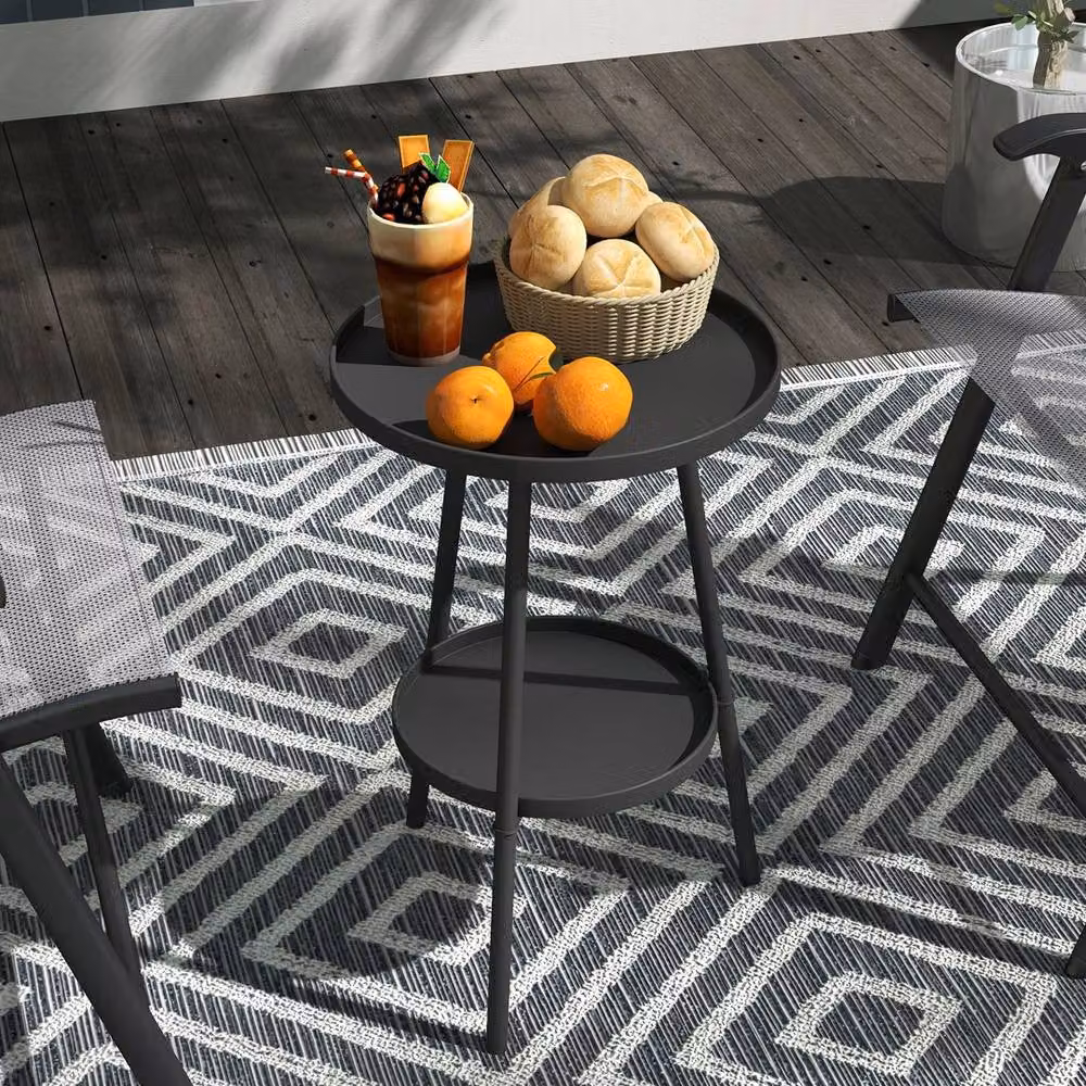 VOGREX Round 2-Tier Metal Garden Side Table, Black – 3