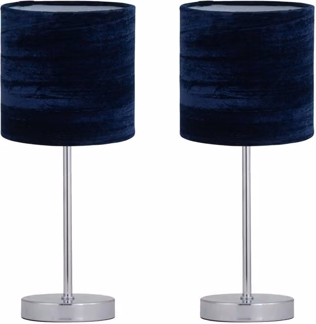 First Choice Lighting Set of 2 Chrome Table Lamps with Blue Fabric Shades – 1