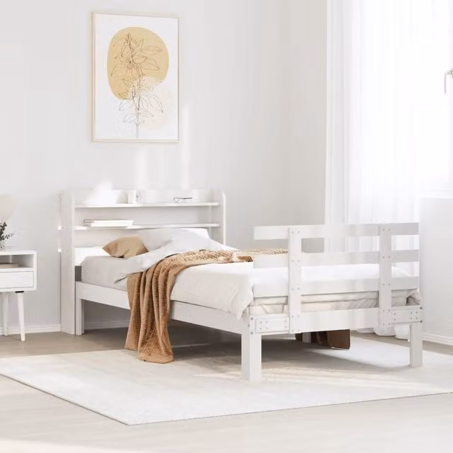 Berkfield Home White Pine Bed Frame with Headboard and Side Compartments, W/D/H: 100 x 200 cm