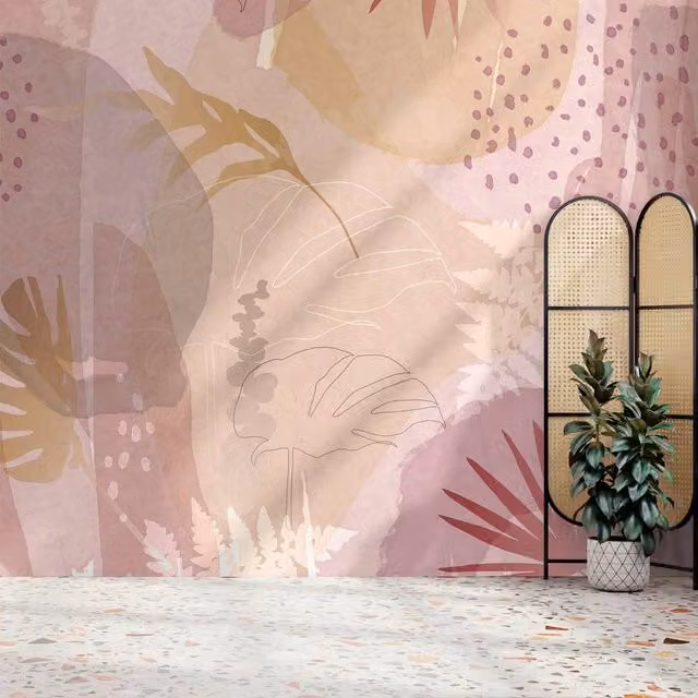 Superfresco Easy Abstract Leaf Floral Mural in Pink and Yellow, W: 300 cm, H: 280 cm – 1