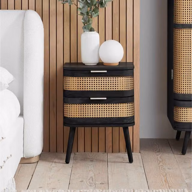 Birlea Modern Black Rattan and Wood Geometric Bedside Cabinet