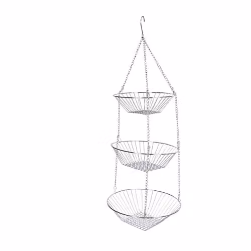 KitchenCraft Three Tier Nestable Hanging Metal Wire Fruit and Vegetable Baskets in Silver, W: 25 cm, D: 8 cm