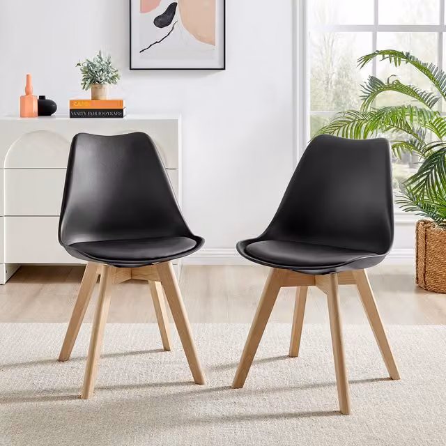 FurnitureboxUK Set of 2 Stockholm Scandinavian Dining Chairs in Black Faux Leather and Wood