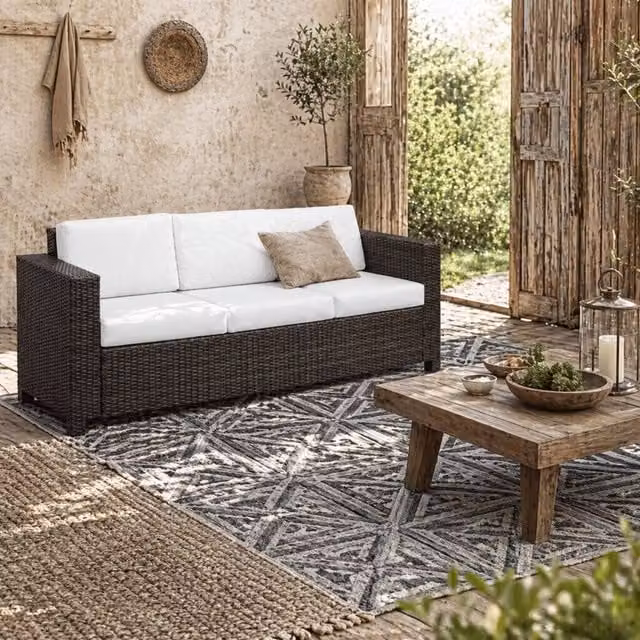 Wyld Haus Sediri Three Seater Brown PE Rattan Outdoor Sofa with Beige Cushions