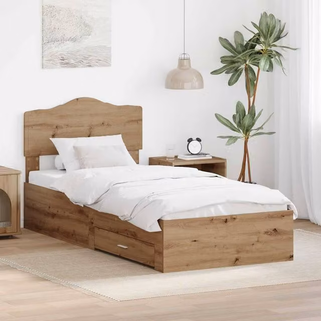 Berkfield Home Artisan Oak Bed Frame with Drawer, Brown Engineered Wood, W/D/H: 90 x 190 cm