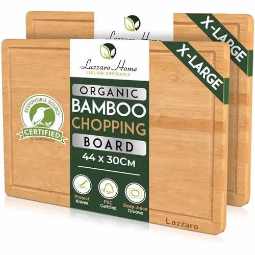 Lazzaro Set of 2 Brown Bamboo Chopping Boards, Reversible Rectangular Wooden Cutting Boards with Juice Grooves, W: 44 cm, D: 30 cm, H: 2 cm