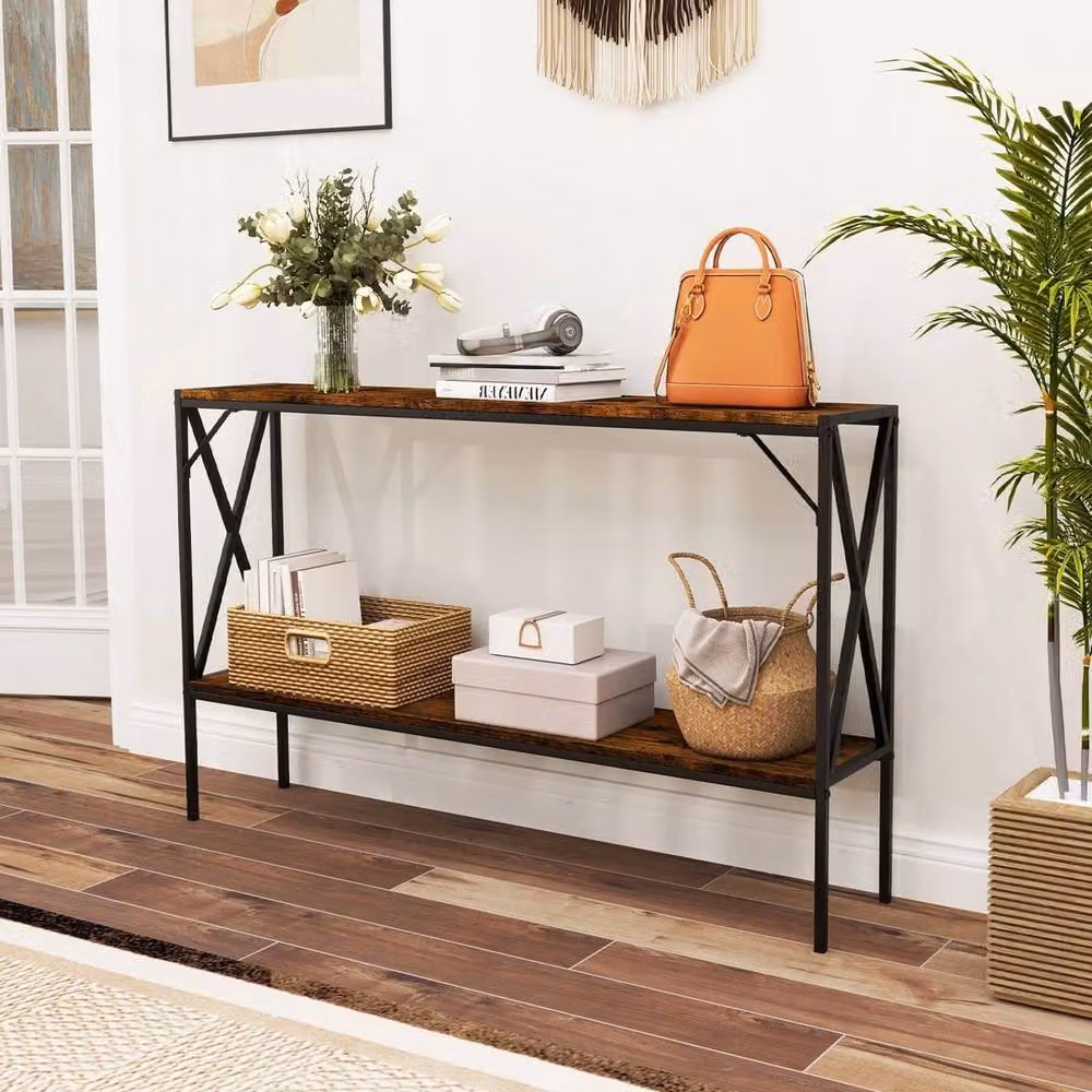 Havendro 2-Tier Industrial Narrow Sofa Table in Brown and Metal, W/D/H: 120 x 23 x 74 cm – 5