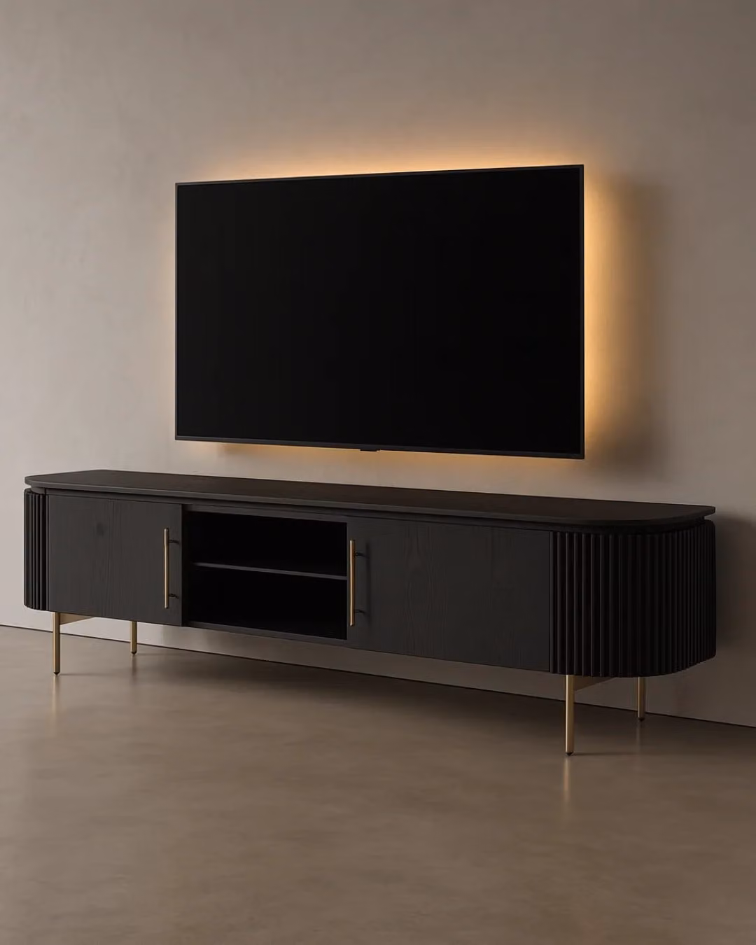 Tommy Franks Lantine Modern Black Oak and Metal TV Unit W/D/H: 200 x 42 x 52 cm