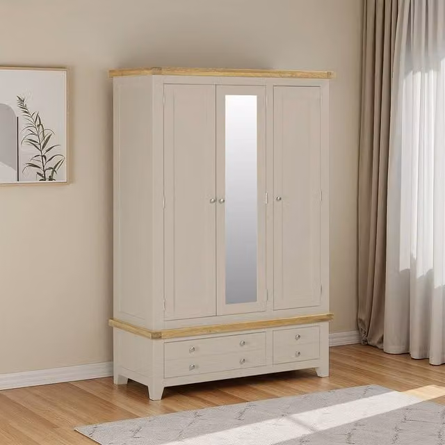 Seconique Windsor 3 Door 2 Drawer Wardrobe in Beige and Oak with Mirror and Hanging Rod