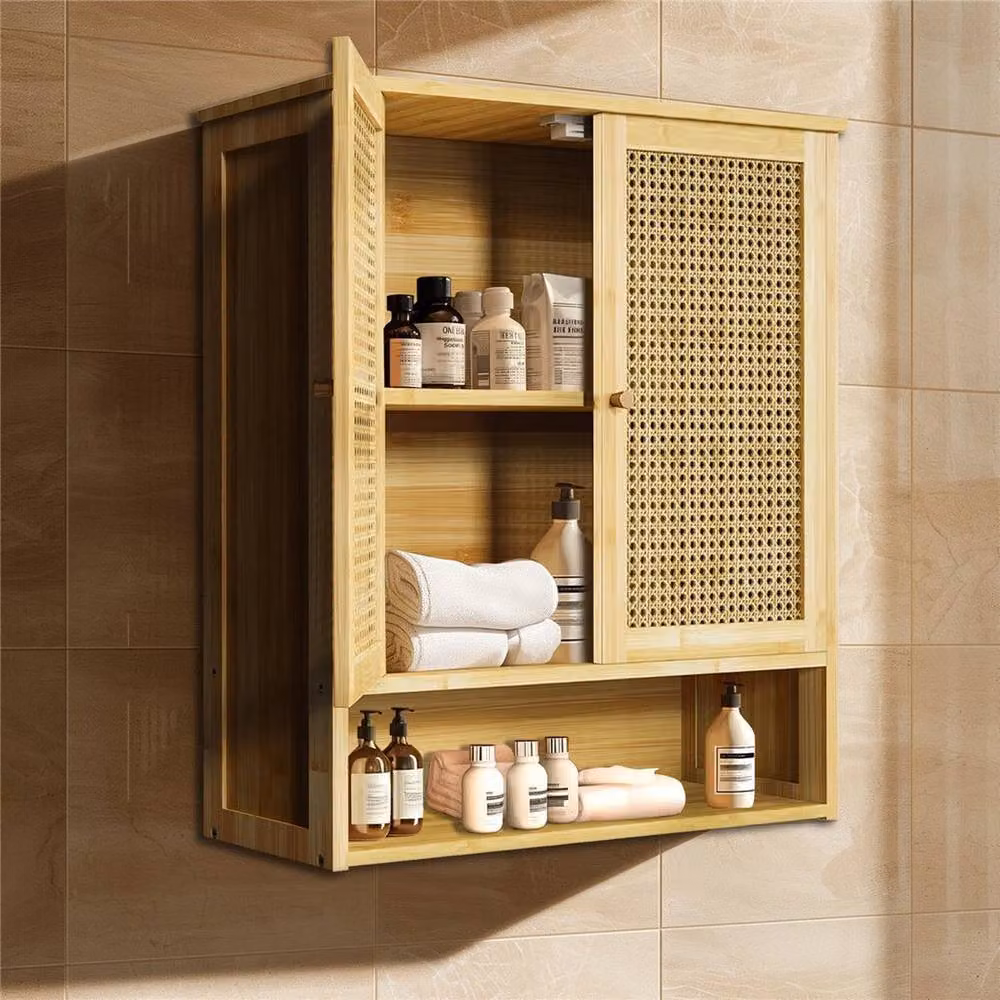 KORVIXA 3 Tier Wall Mounted Wooden Bathroom Medicine Cabinet in Natural Brown, W: 70 cm, H: 65 cm – 3
