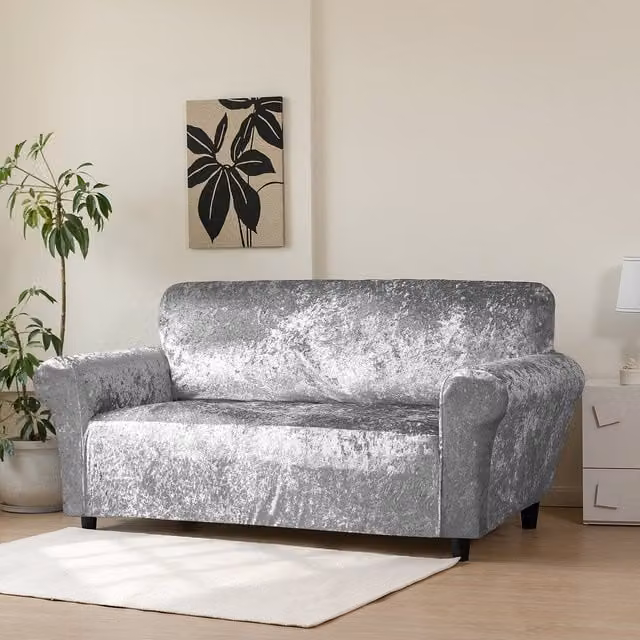 Home Republic Silver Crushed Velvet Stretch Sofa Cover for 2 Seater Sofas