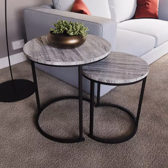 Vida Designs Brooklyn Nest of 2 Round Industrial Tables in Grey