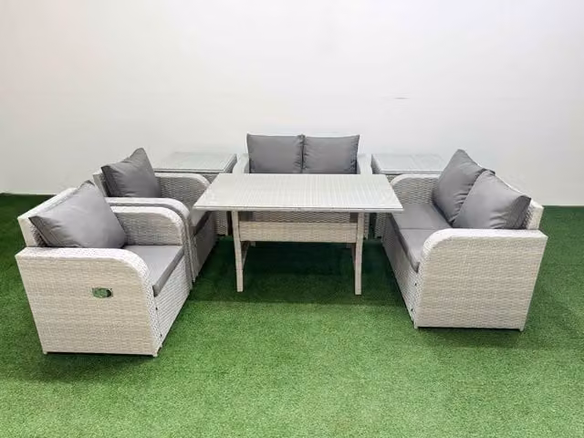 Fimous 6 Seater Rattan Garden Furniture Set with Reclining Love Sofa, Rectangular Dining Table and 2 Side Tables in Light Grey