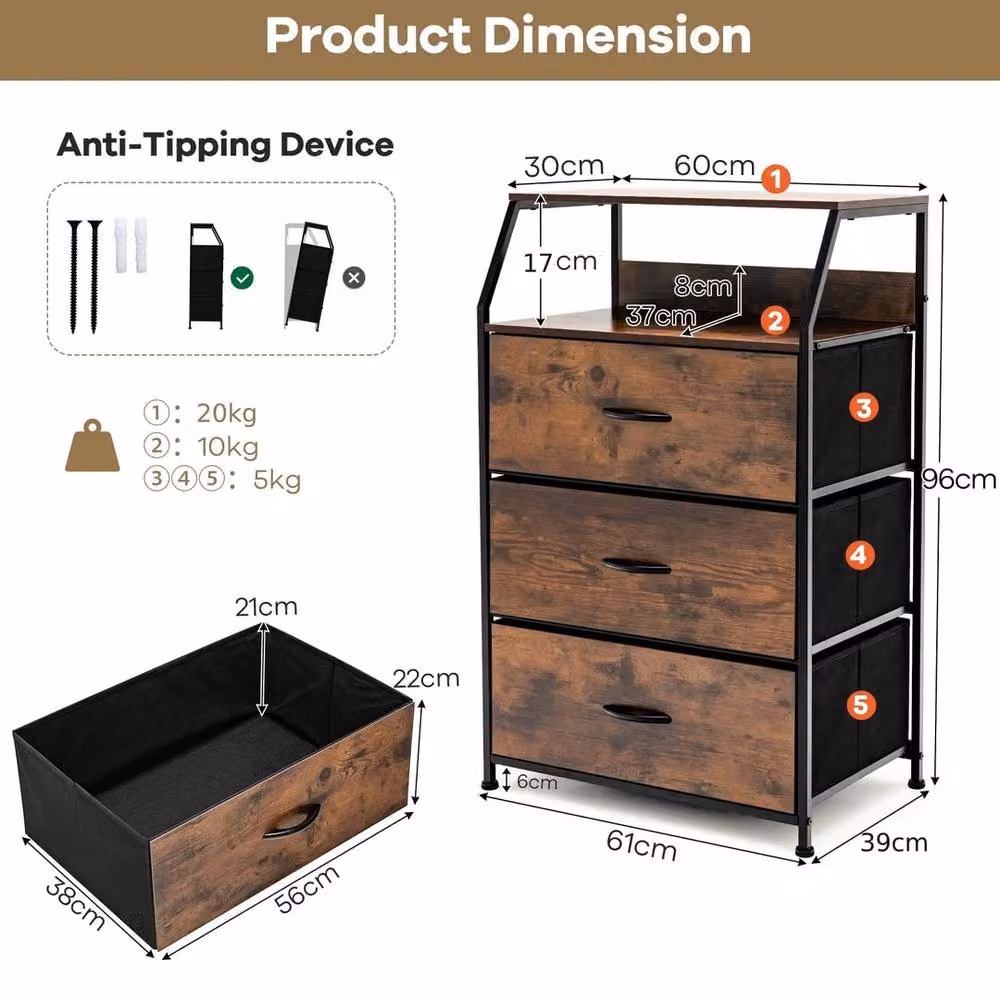 VOGREX Industrial 3 Drawer Dresser Storage Cabinet with Shelf in Brown and Beech – 2