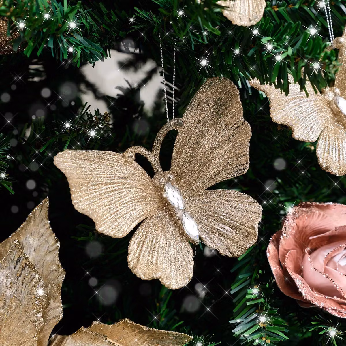 Melody Maison Set of 3 Champagne Gold Glitter Jewelled Butterfly Christmas Hanging Decorations, 10 cm – 3