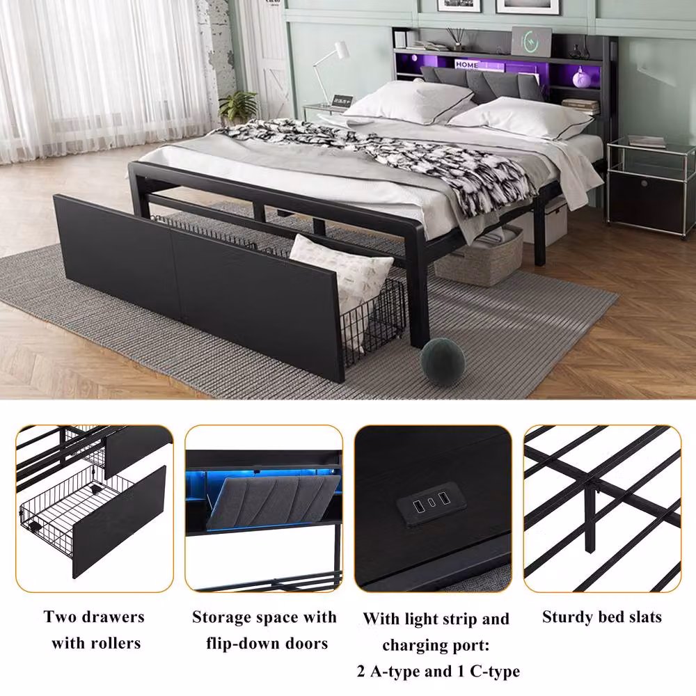 BTM Black Metal Bed with LED Lighting, USB Charging Ports and Storage Drawers, 140 x 200 cm – 4