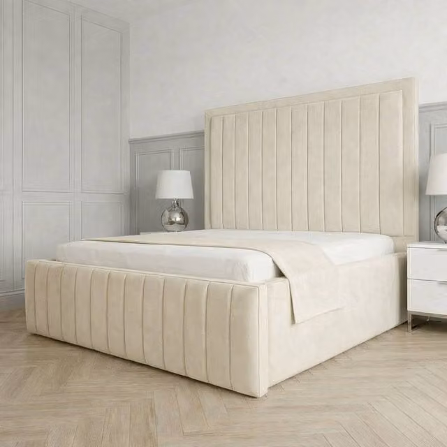 Living Comfort Bedz Sovereign Upholstered Velvet Gas Lift Storage Bed in Beige, Super King, 200 x 200 cm
