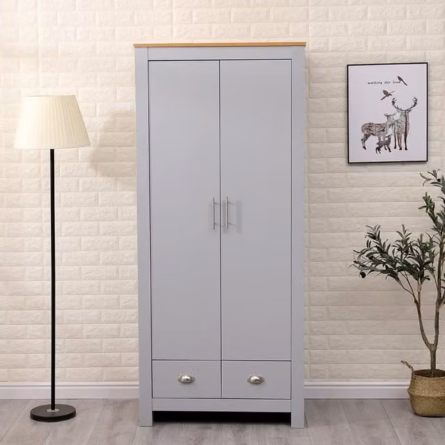 HMD Furniture Grey 2 Door Wardrobe with Hanging Rail and Storage Unit for your Bedroom