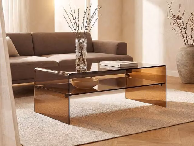 Vente-unique STILEOS Modern Rectangular Coffee Table with Double Tempered Glass Shelves in Brown – 1