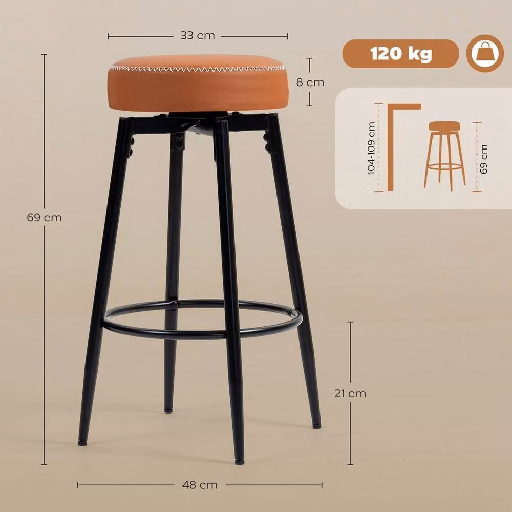 VOGREX Set of 2 Swivel Bar Stools in Brown PU Leather with Metal Base – 2